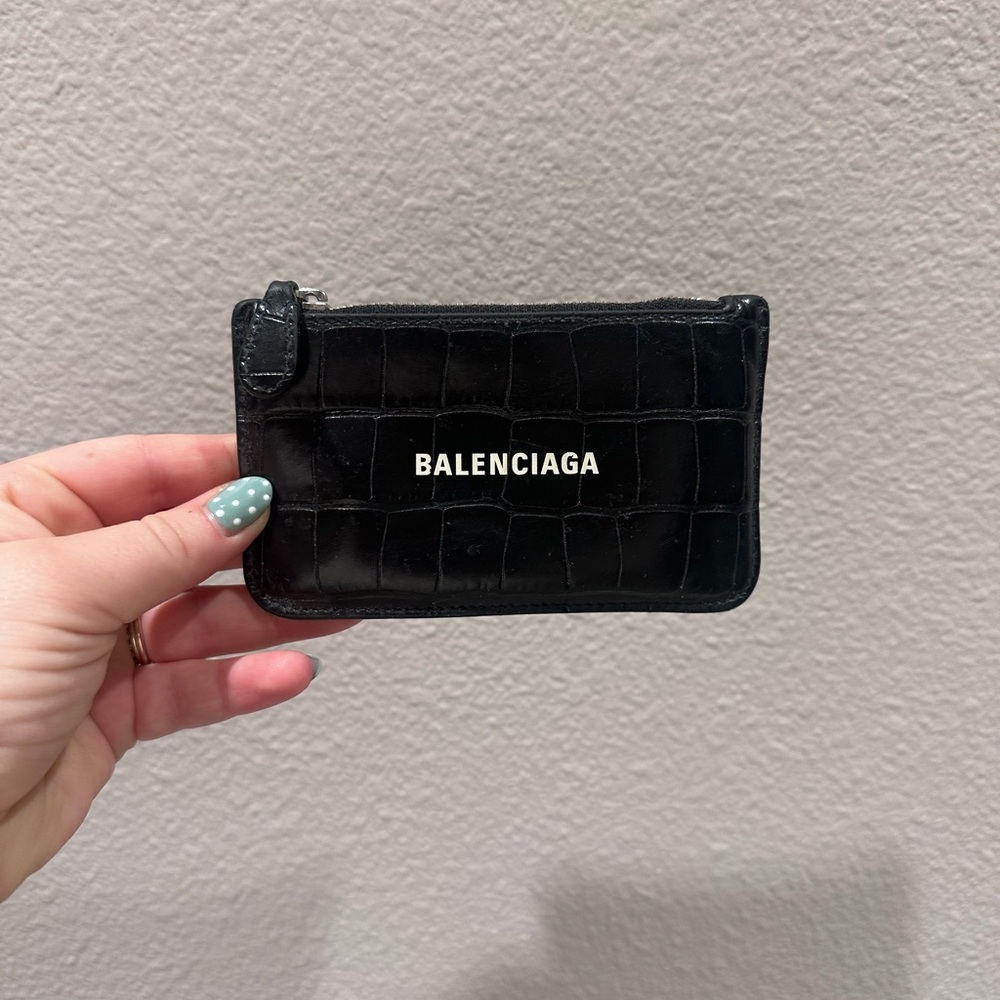 Balenciaga Black Croc-Embossed Zip Card Case with White Logo